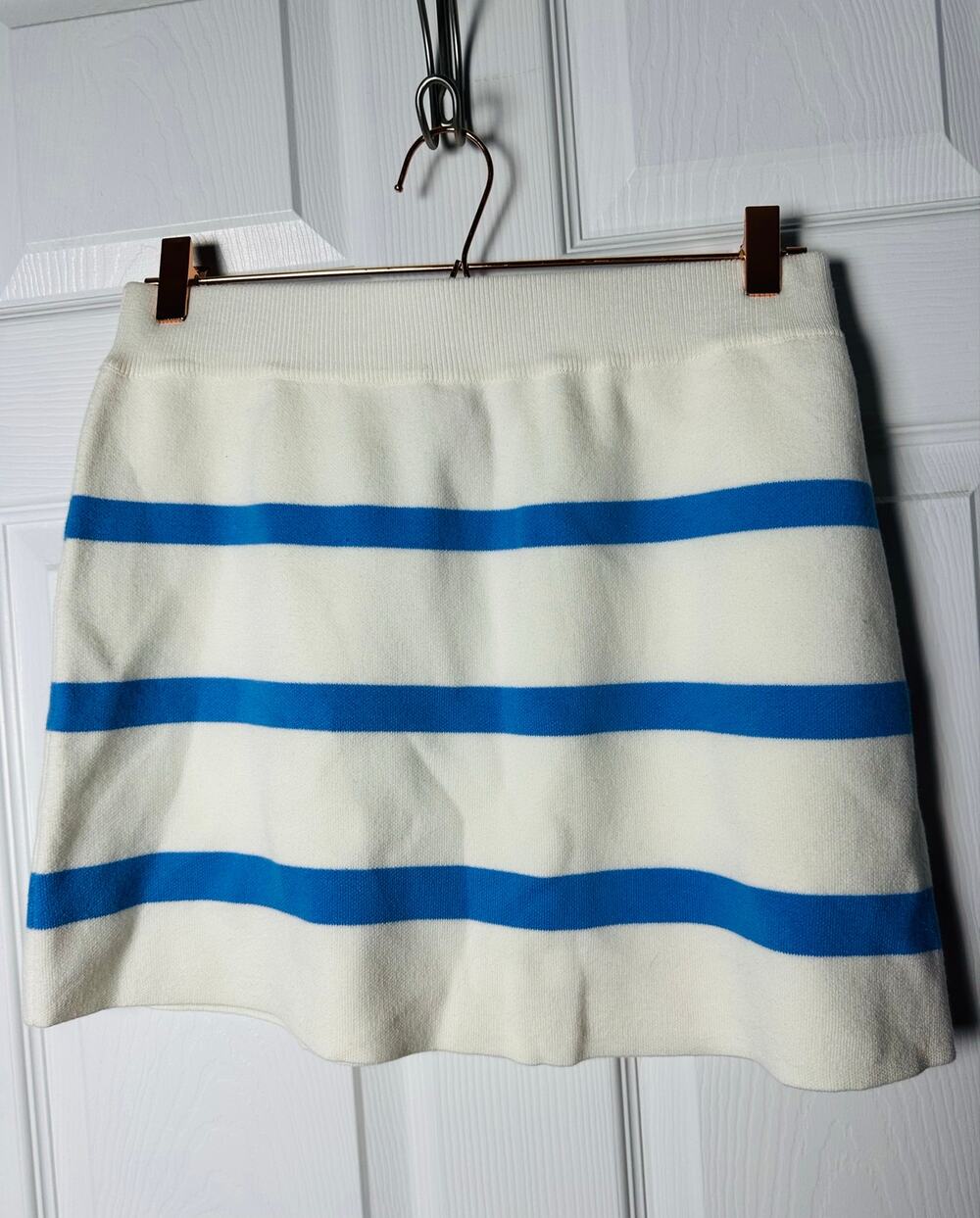 Queen of Sparkles Knit Mini Skirt Women M White BLUE Striped Nautical Gameday